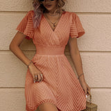 Solid Shirred Waist Dress, Elegant V Neck Flutter Sleeve Dress, Women's Clothing