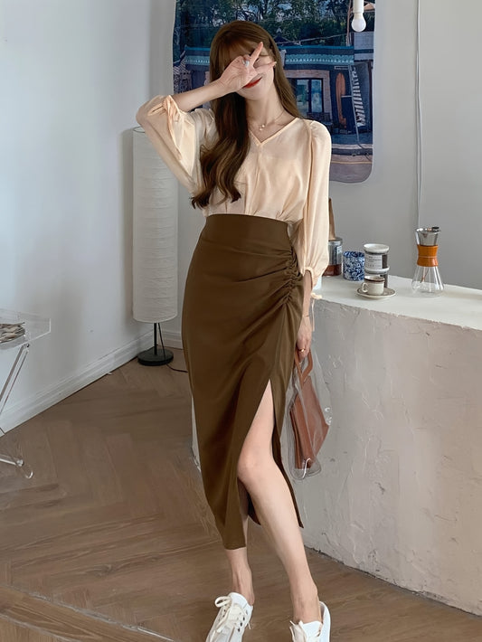 vlovelaw Solid Ruched Split Hem Skirt, Versatile High Waist Skirt For Spring & Fall, Women's Clothing
