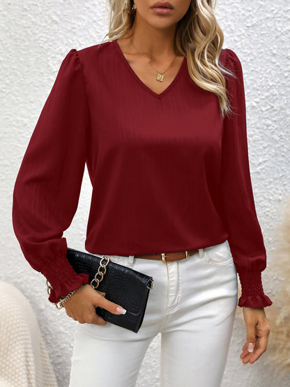 vlovelaw  Stripe Textured V Neck Blouse, Casual Lettuce Cuff Long Sleeve Top For Spring & Fall, Women's Clothing