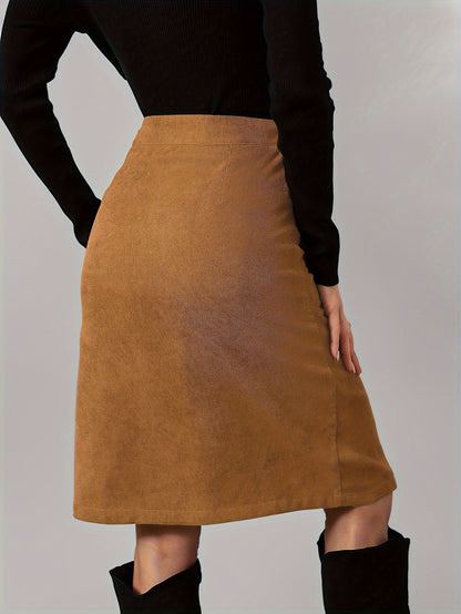 Solid Button Front Corduroy Skirt, Casual High Waist Knee Length Skirt, Women's Clothing