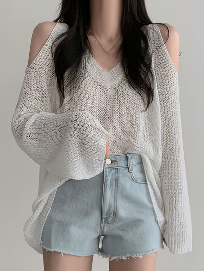 Solid V Neck Thin Pullover Sweater, Casual Cold Shoulder Long Sleeve Loose Sweater, Women's Clothing