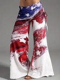 vlovelaw  Flag Print Flare Leg Pants, Casual Ruched High Waist Pants For Spring & Fall, Women's Clothing