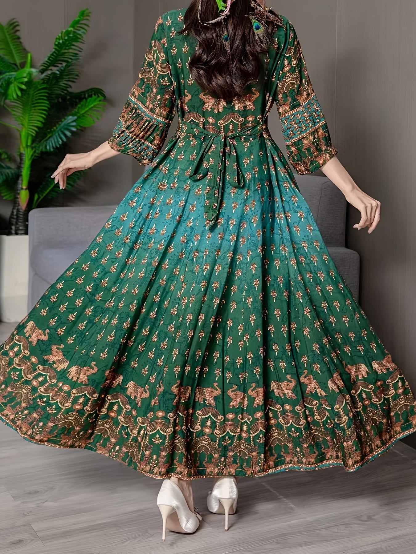 vlovelaw  Ethnic Floral Pattern Maxi Dress, Boho Square Neck 3/4 Sleeve Dress, Women's Clothing