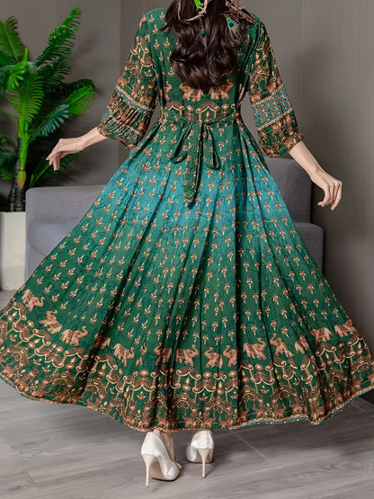 vlovelaw  Ethnic Floral Pattern Maxi Dress, Boho Square Neck 3/4 Sleeve Dress, Women's Clothing