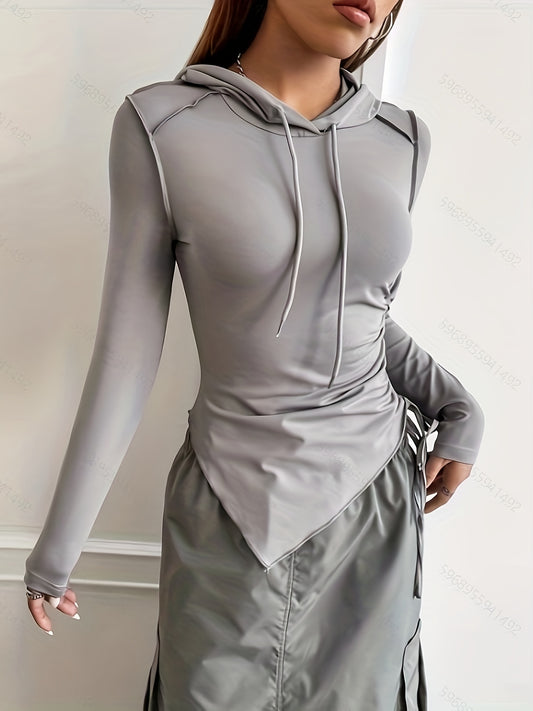 vlovelaw  Solid Irregular Hem Drawstring Hoodie, Casual Long Sleeve Hooded Sweatshirt, Women's Clothing