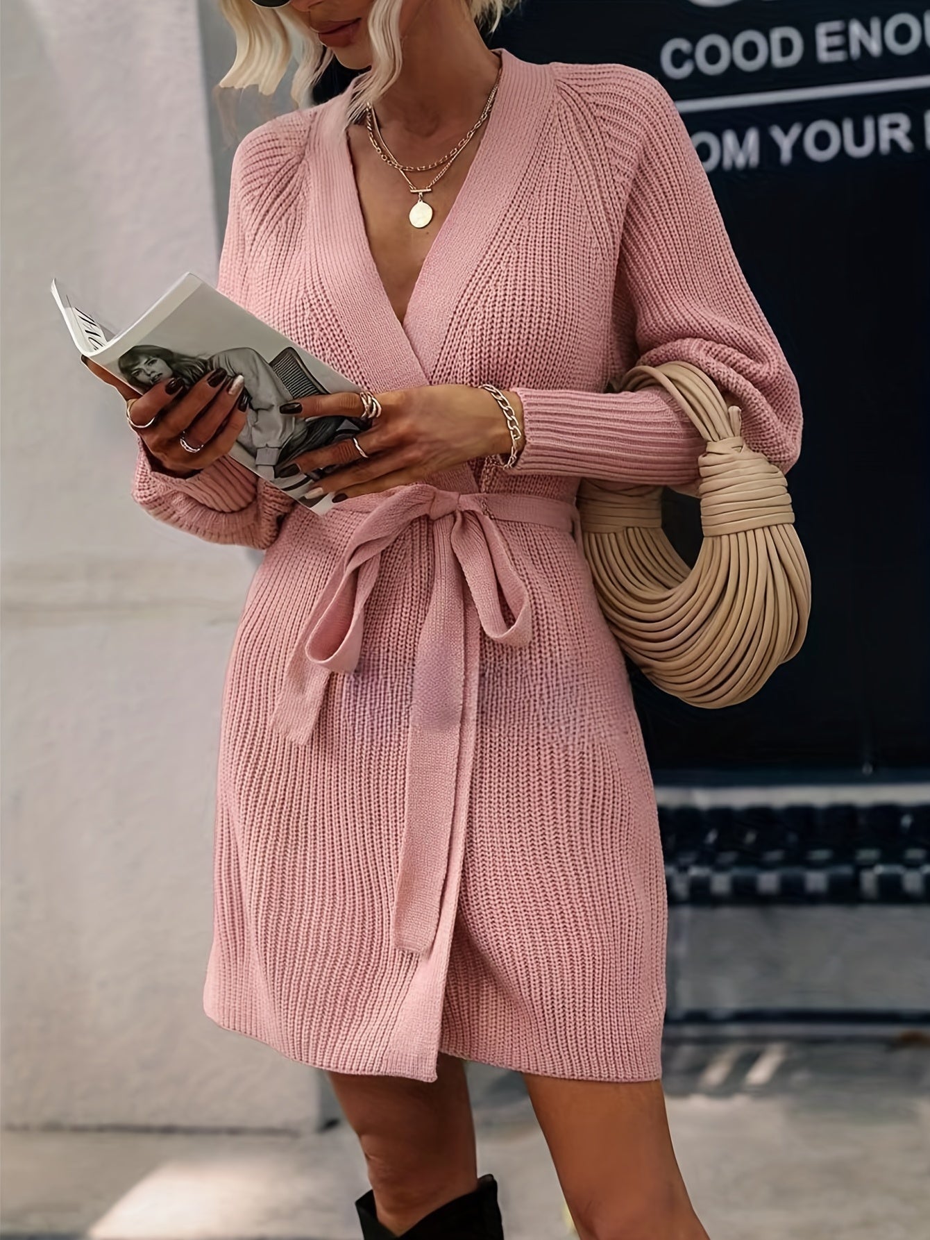 vlovelaw Long Length Solid Knit Cardigan, Casual Open Front Long Sleeve Sweater, Women's Clothing