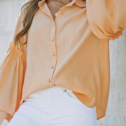 Solid Polo Collar Blouse, Casual Lantern Sleeve Blouse For Spring & Fall, Women's Clothing