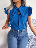 vlovelaw Bow Tie Flutter Sleeve Blouse, Elegant Sleeveless Solid Ruffle Trim Blouse, Women's Clothing