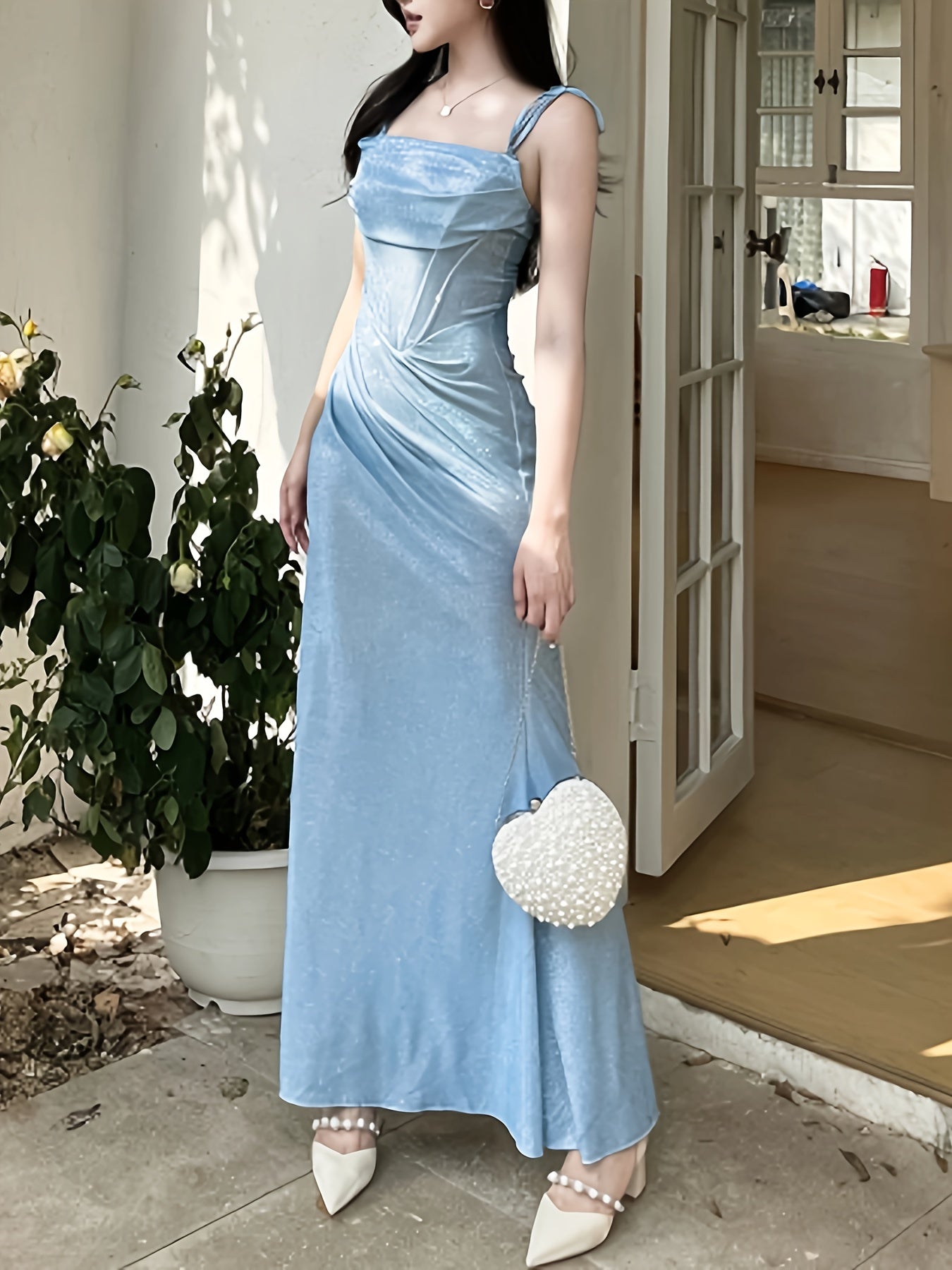 vlovelaw Ruched Spaghetti Strap Dress, Elegant Sleeveless Cami Dress For Party & Banquet, Women's Clothing