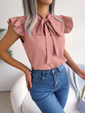 vlovelaw Bow Tie Flutter Sleeve Blouse, Elegant Sleeveless Solid Ruffle Trim Blouse, Women's Clothing