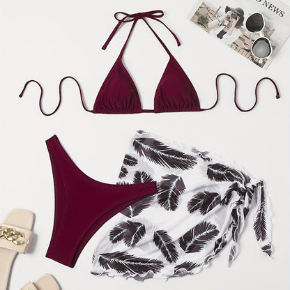 Three-Piece Bikini Set - Flattering Halter Neck Design, Ultra Quick-Drying Technology, Comfortable Four-Way Stretch Fabric - Designed for Women, Vibrant Feather Print Pattern, Matching Cover Up Skirt, Perfect for Beachwear and Poolside Fashion