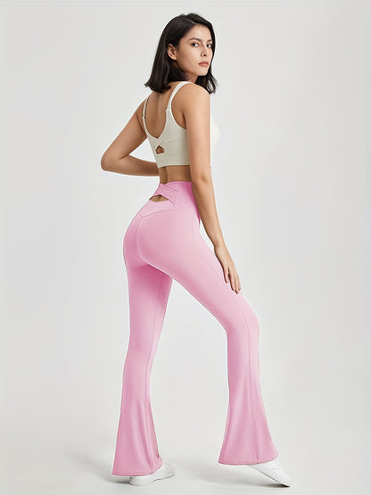 vlovelaw  Hollow Cross Waist Flare Leggins, Solid Color Workout Bootleg Flare Pants, Women's Activewear