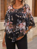 Floral Print Asymmetrical Blouse, Elegant Crew Neck Summer Blouse, Women's Clothing