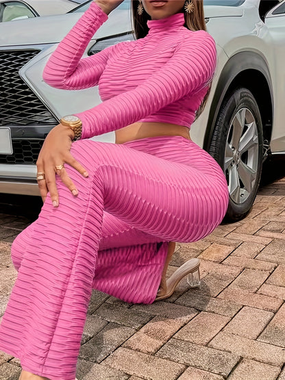 vlovelaw  Casual Solid Two-piece Set, Mock Neck Crop Top & Long Pants Outfits, Women's Clothing