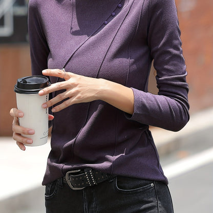 vlovelaw  Button Decor Mock Neck T-Shirt, Versatile Solid Long Sleeve T-Shirt For Spring & Fall, Women's Clothing