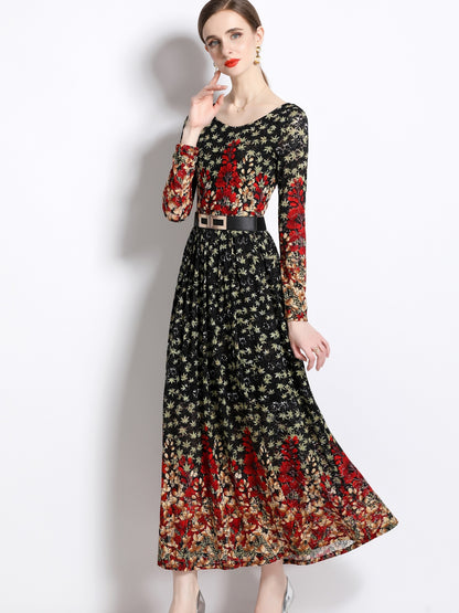 All Over Print Crew Neck Dress, Elegant Long Sleeve Dress For Spring & Fall, Women's Clothing
