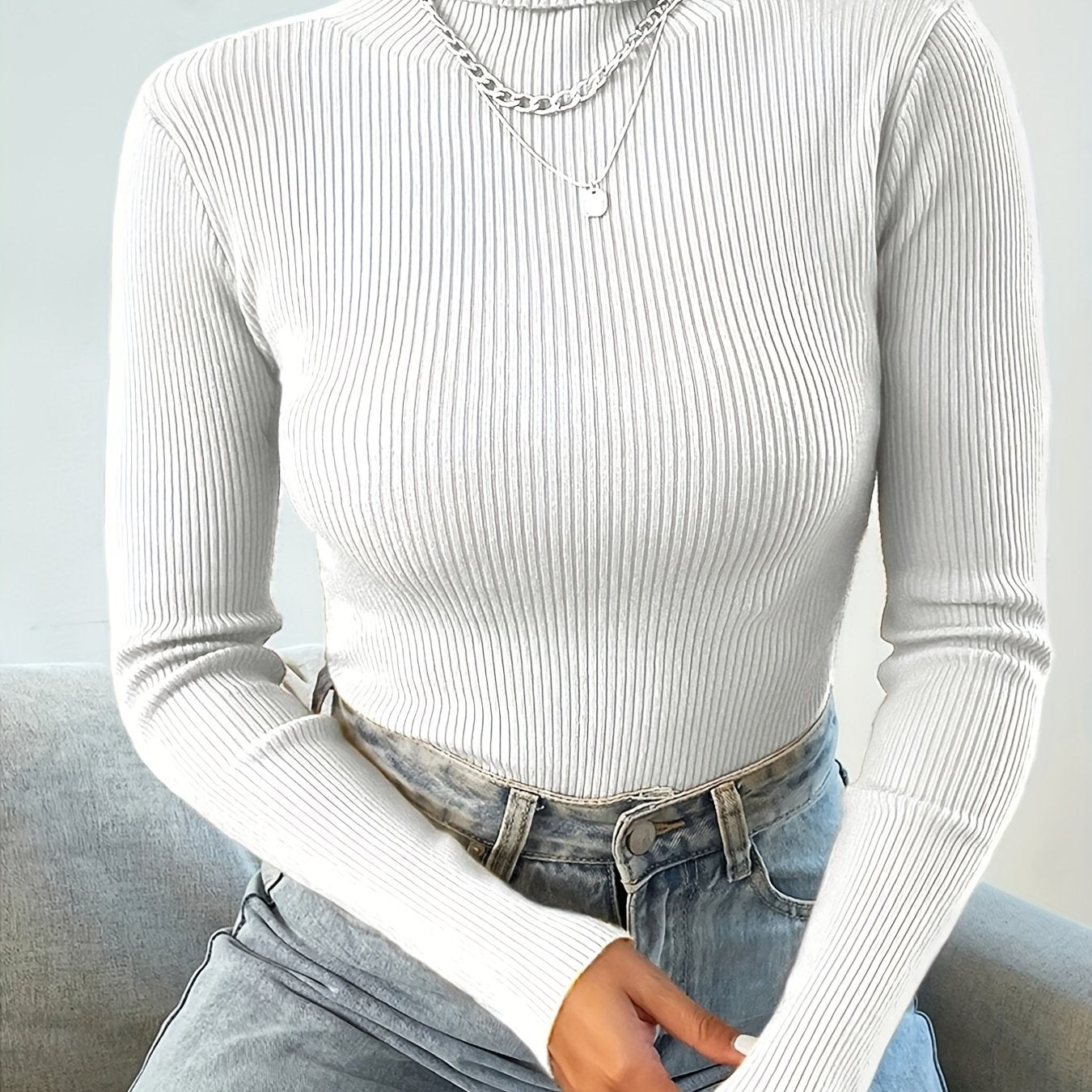 vlovelaw Solid Turtle Neck Sweater, Casual Long Sleeve Sweater For Fall & Winter, Women's Clothing
