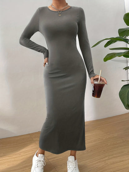 Solid Crew Neck Slim Dress, Elegant Long Sleeve Midi Dress, Women's Clothing