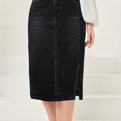 Side Split Vintage Washed Midi Denim Skirt, Zipper Button Closure Solid Color Slash Pocket Denim Skirt, Women's Denim Jeans & Clothing