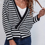 vlovelaw  Striped V-neck Button Cardigan, Casual Long Sleeve Cardigan For Spring & Fall, Women's Clothing