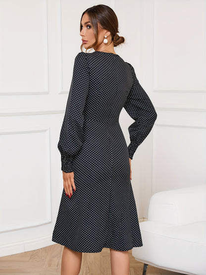 vlovelaw  Polka Dots Print Sweetheart Neck Dress, Boho Long Sleeve Split Dress, Women's Clothing