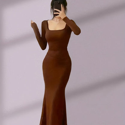Squared Neck Solid Dress, Elegant Bodycon Long Sleeve Mermaid Hem Dress, Women's Clothing