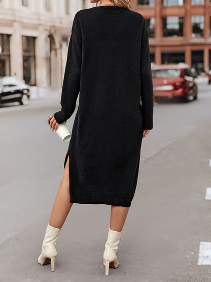 Split Simple Dress, Casual Solid Long Sleeve Midi Dress, Women's Clothing