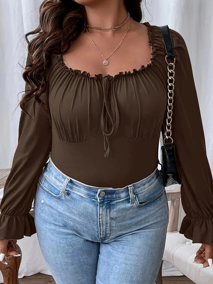 vlovelaw  Plus Size Casual Top, Women's Plus Solid Lettuce Trim Flounce Sleeve Tie Front Square Neck Slim Fit Top