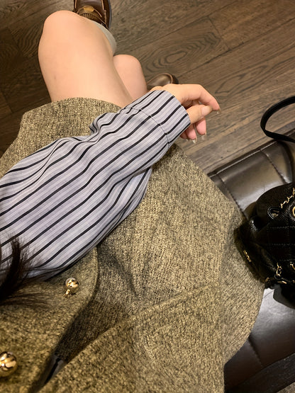 vlovelaw  Casual Three-piece Skirt Set, Button Front Vest & Stripe Print Long Sleeve Shirt & Flare Skirt Outfits, Women's Clothing