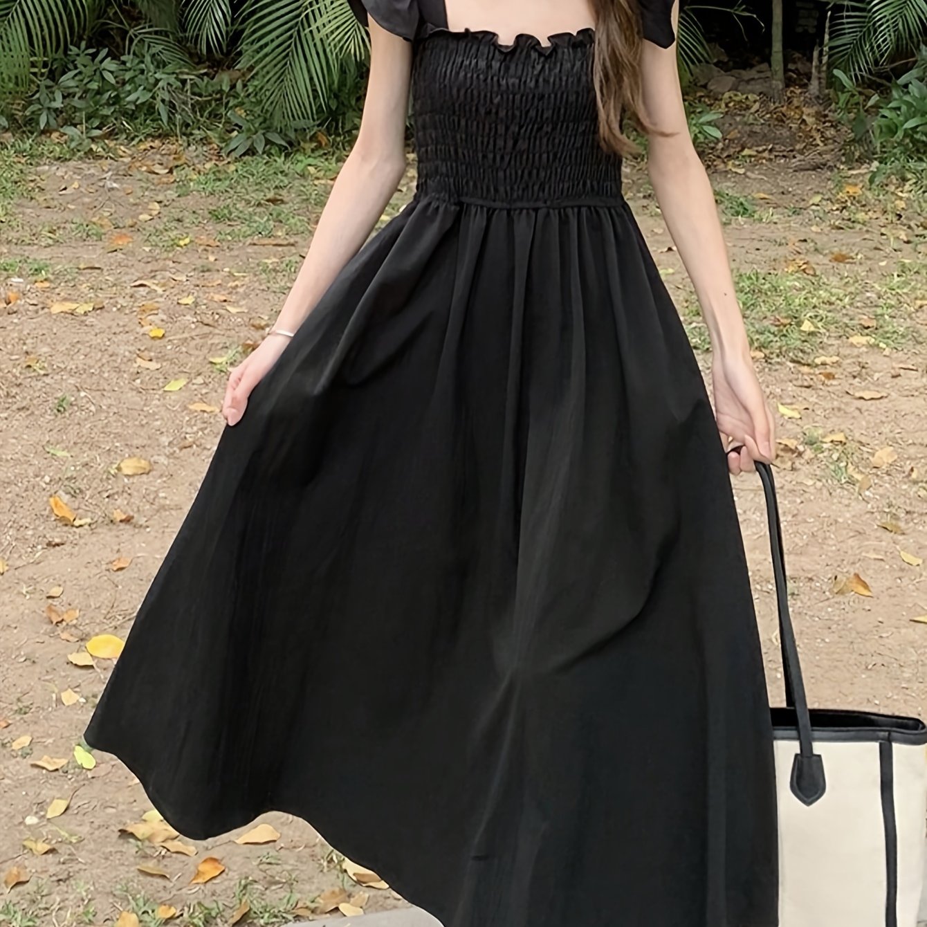 vlovelaw  Solid Square Neck Dress, Elegant Ruffle Sleeve Shirred Dress For Spring & Summer, Women's Clothing