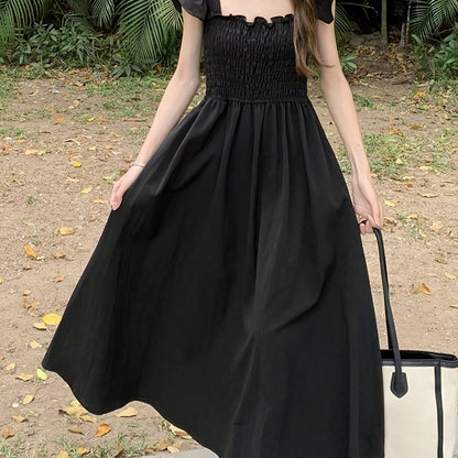 vlovelaw  Solid Square Neck Dress, Elegant Ruffle Sleeve Shirred Dress For Spring & Summer, Women's Clothing