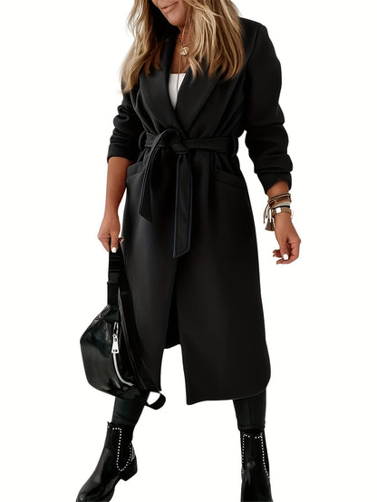 Open Front Mid Length Coat, Casual Solid Long Sleeve Outerwear, Women's Clothing