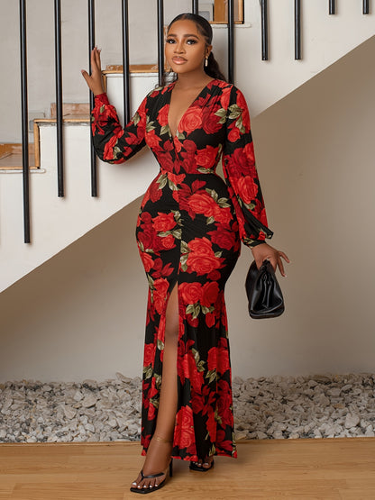 vlovelaw  Vintage Floral Print Split Dress, Elegant V Neck Long Sleeve Dress, Women's Clothing