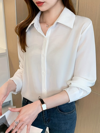 vlovelaw  Solid Button Front Shirt, Elegant Turn Down Collar Long Sleeve Shirt, Women's Clothing