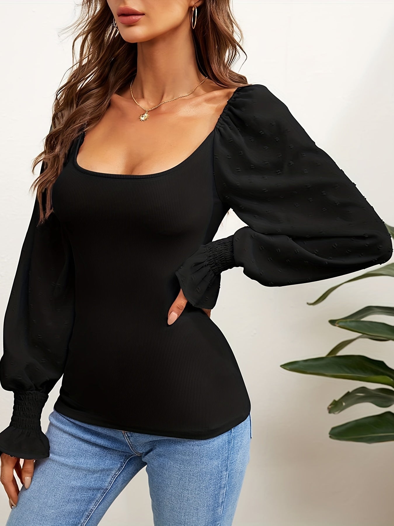 vlovelaw  Squared Neck Solid Blouse, Casual Lantern Sleeve Slim Blouse, Women's Clothing