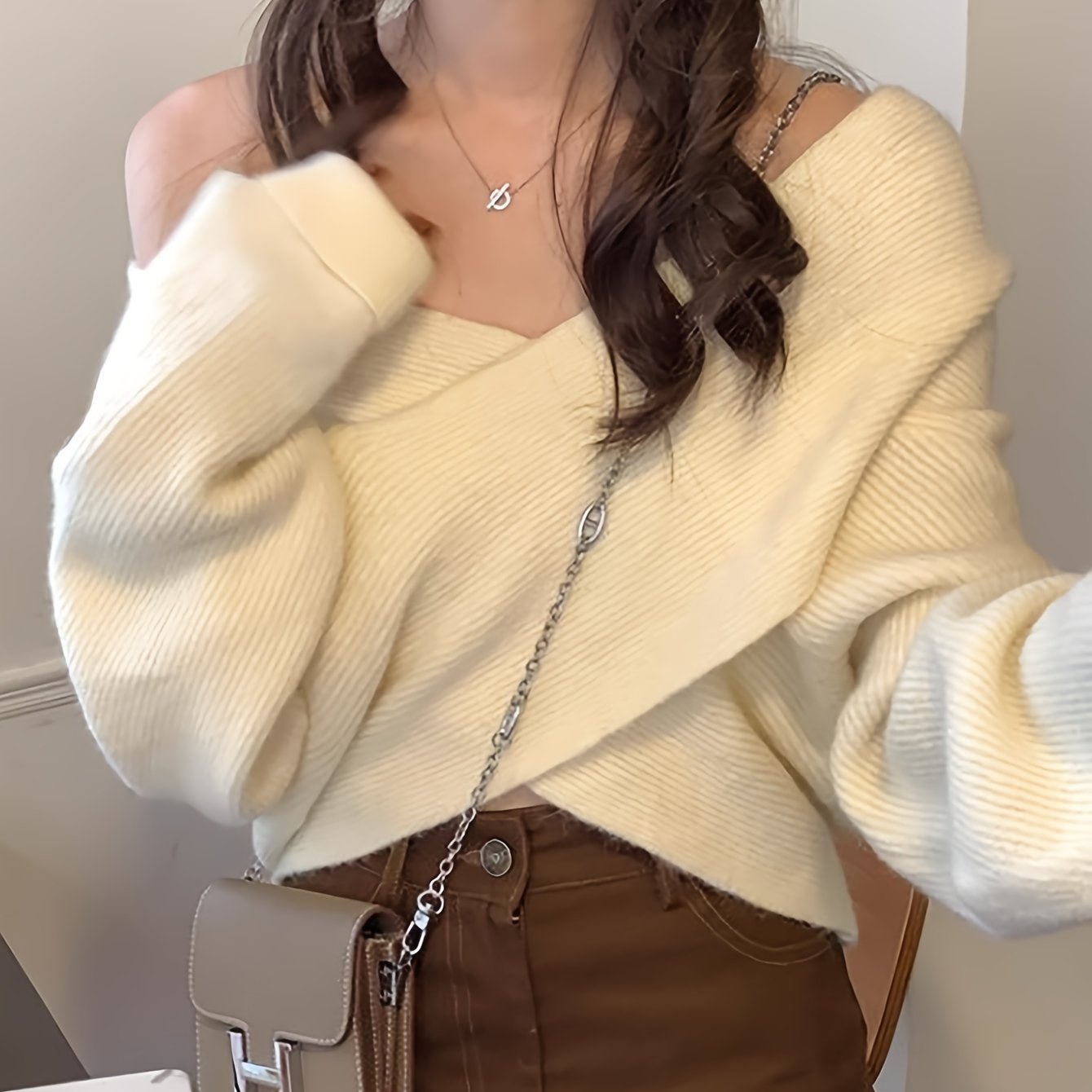Solid Cross Front Pullover Sweater, Elegant V Neck Long Sleeve Knit Sweater, Women's Clothing