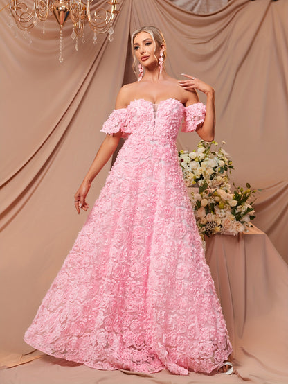 vlovelaw  Sweetheart Neck Floral Dress, Puff Sleeve Off-shoulder Floor Length A-line Dress, Women's Clothing