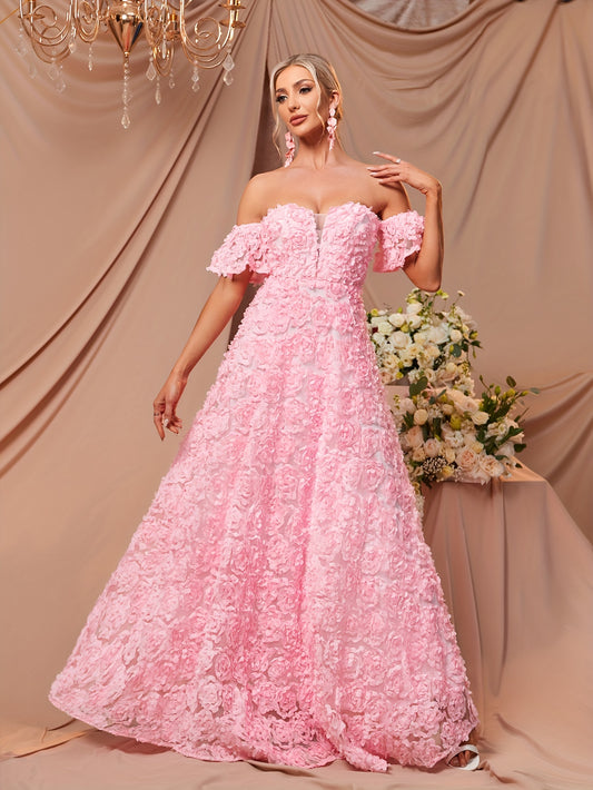 vlovelaw  Sweetheart Neck Floral Dress, Puff Sleeve Off-shoulder Floor Length A-line Dress, Women's Clothing