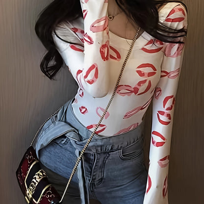vlovelaw  Lip Kiss Print V Neck T-shirt, Elegant Long Sleeve Slim Fit Top, Women's Clothing
