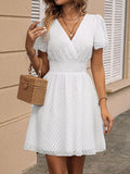 Solid Shirred Waist Dress, Elegant V Neck Flutter Sleeve Dress, Women's Clothing