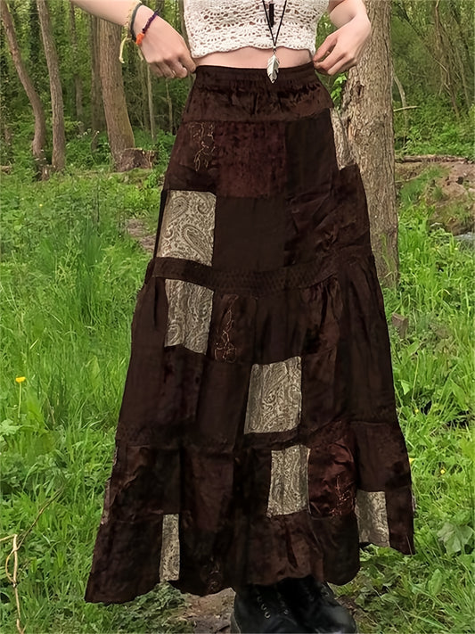 vlovelaw  Colorblock Geometric Pattern Tiered Skirt, Vintage Skirt For Spring & Summer, Women's Clothing