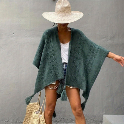vlovelaw  Ribbed Knitted Tassel Shawl Warm Windproof Wrap Poncho Boho Solid Color Cloak Trendy Sweater Cape Cardigan