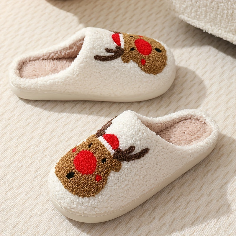 [Customer Favorite] Cozy Christmas Reindeer Plush Slippers for Couples - Warm, Soft Indoor Shoes with Non-Slip TPR Sole, Perfect for Winter