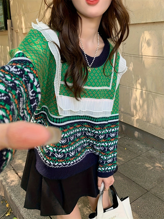 vlovelaw  Allover Print Mesh Decor Sweater, Casual Crew Neck Long Sleeve Sweater For Fall & Winter, Women's Clothing