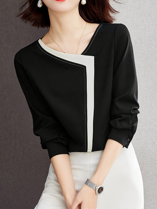 vlovelaw Contrast Trim Asymmetrical Neck Blouse, Elegant Long Sleeve Blouse For Spring & Fall, Women's Clothing