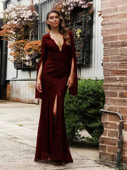 vlovelaw  Guipure Lace V Neck Cocktail Dress, Elegant Cape Sleeve Split Slim Fit Evening Dress For Party & Banquet, Women's Clothing