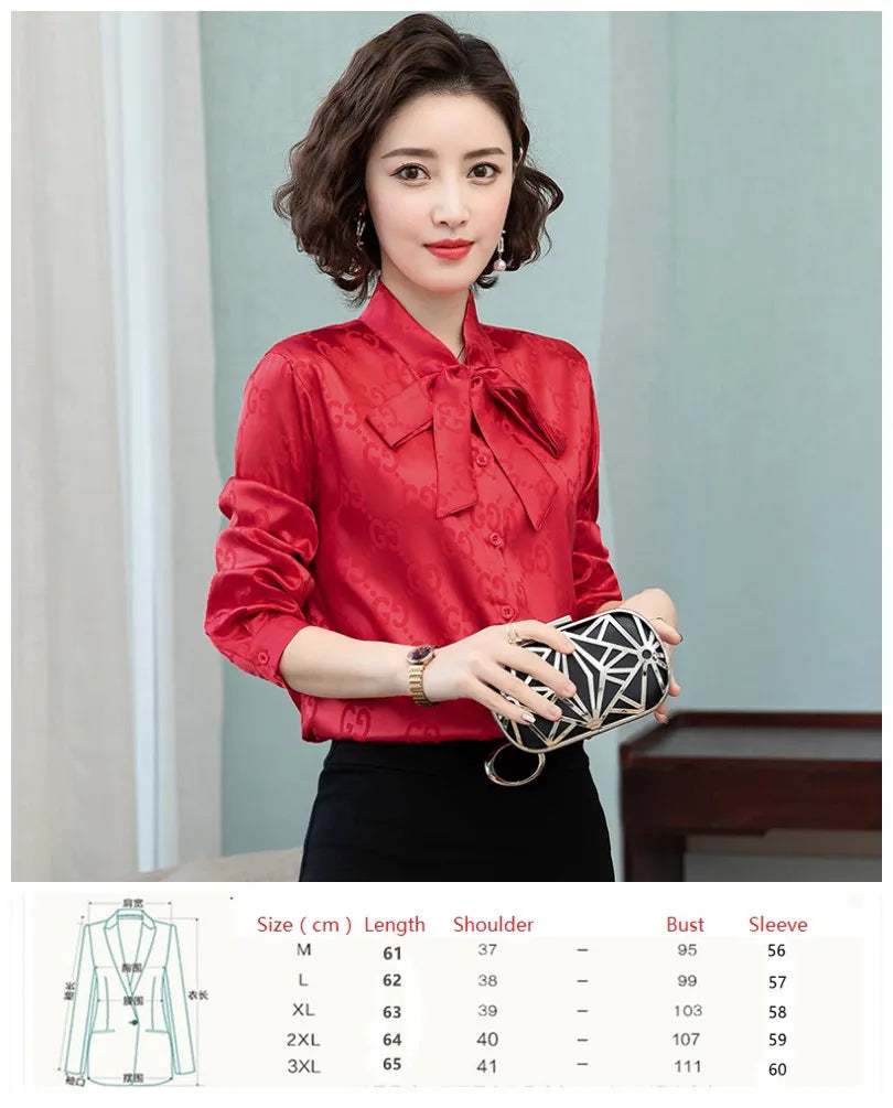 Ribbon Bow Women Silk Print Shirt Polka Dot Long Sleeve Button Up Blouses Office Ladies Casual Shirts Spring Autumn Designer Blouse Fine Elegant Tops Woman