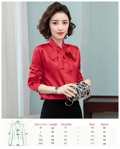 Ribbon Bow Women Silk Print Shirt Polka Dot Long Sleeve Button Up Blouses Office Ladies Casual Shirts Spring Autumn Designer Blouse Fine Elegant Tops Woman