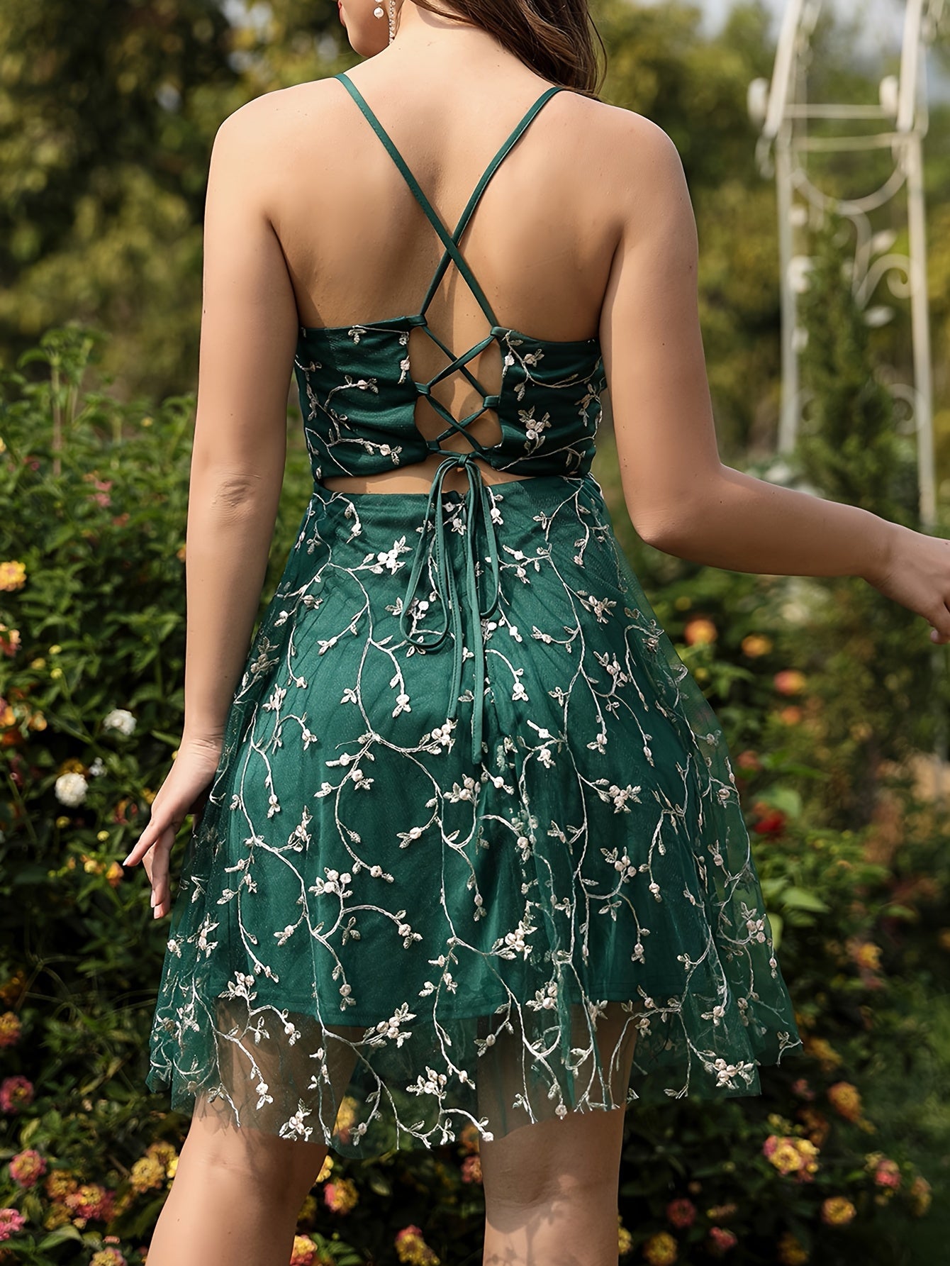 vlovelaw Floral Pattern Contrast Mesh Dress, Elegant Spaghetti Strap Sleeveless Party Prom Dress, Women's Clothing