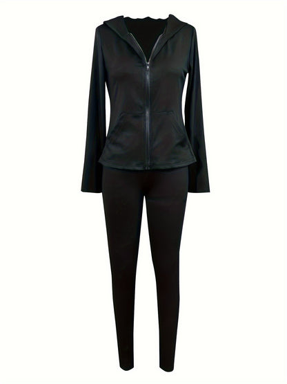 vlovelaw  Solid Two-piece Set, Casual Zip Up Slim Hoodie & Skinny Pants Outfits, Women's Clothing